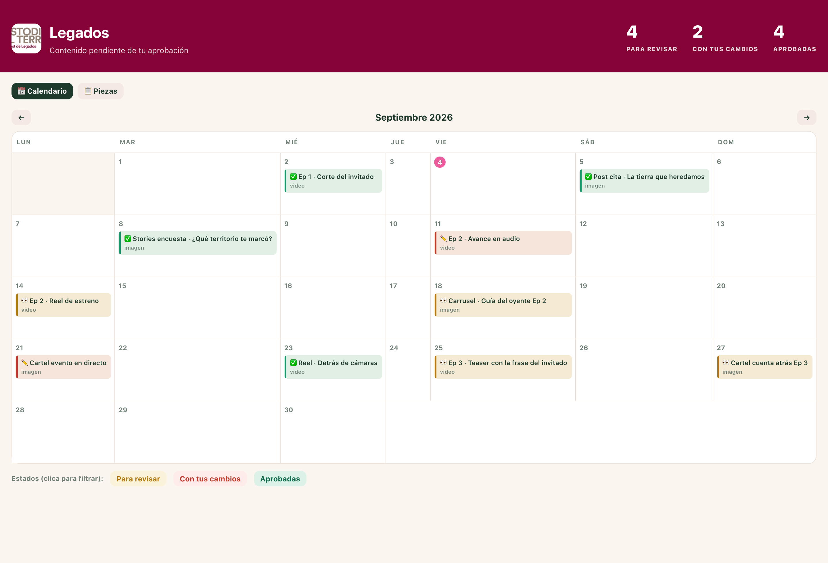 Aprobador: calendario del mes con cada pieza en su día, marcada como para revisar, con cambios o aprobada