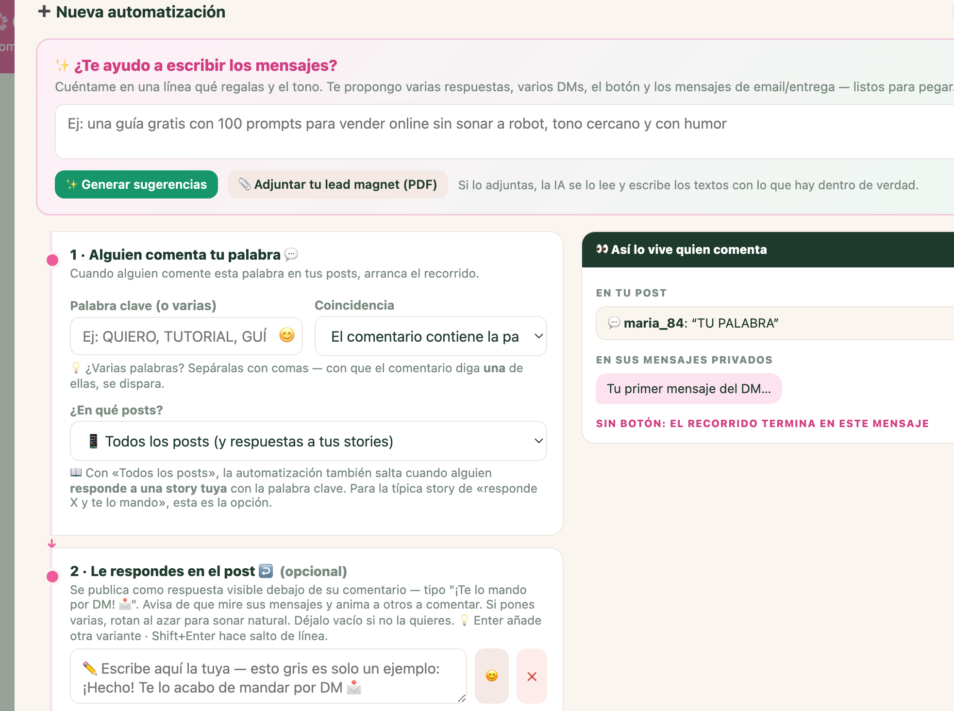 Crear una automatización: palabra clave, en qué posts se activa, el mensaje privado y la vista previa de lo que ve quien comenta
