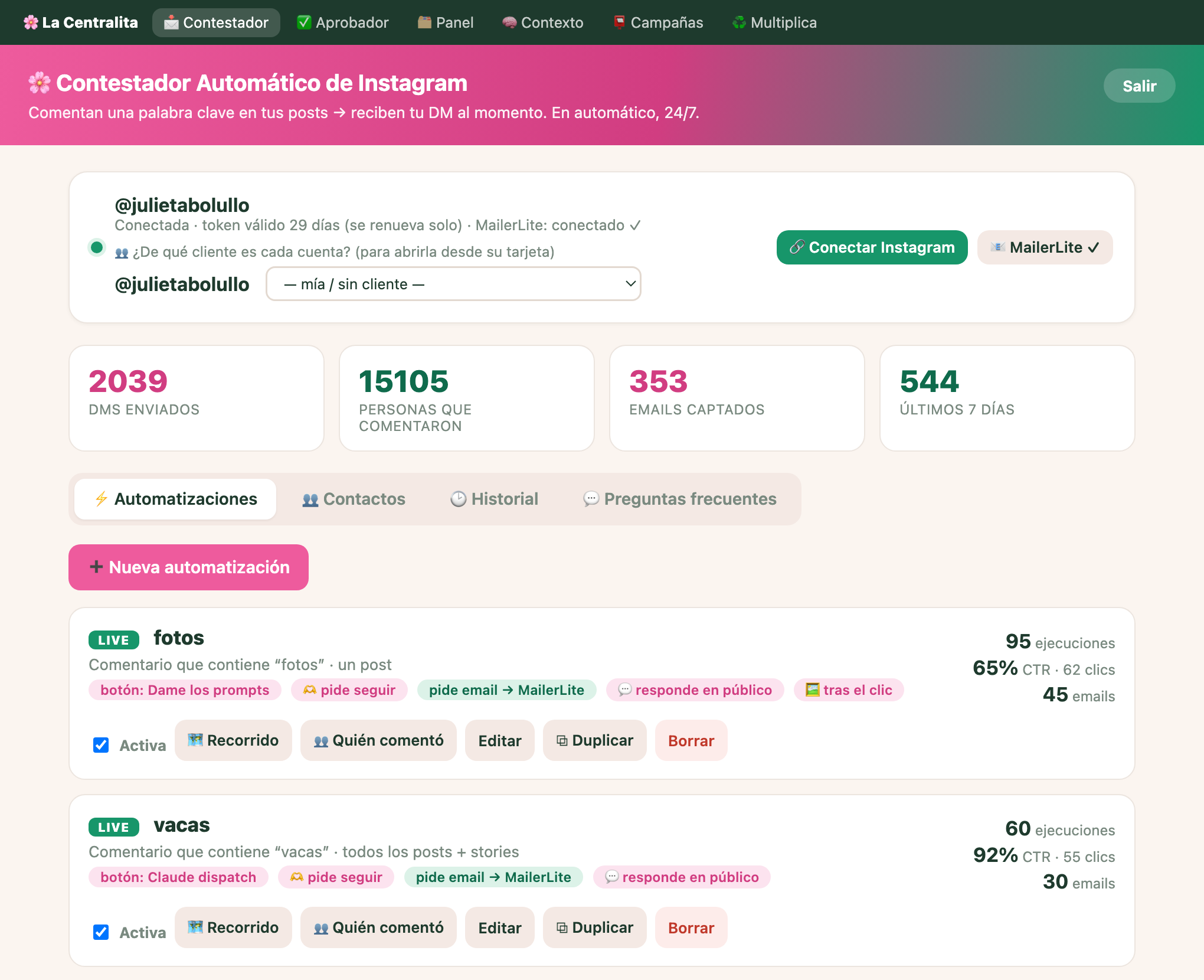 Contestador de Instagram: panel de automatizaciones con palabra clave, mensajes y métricas de envíos