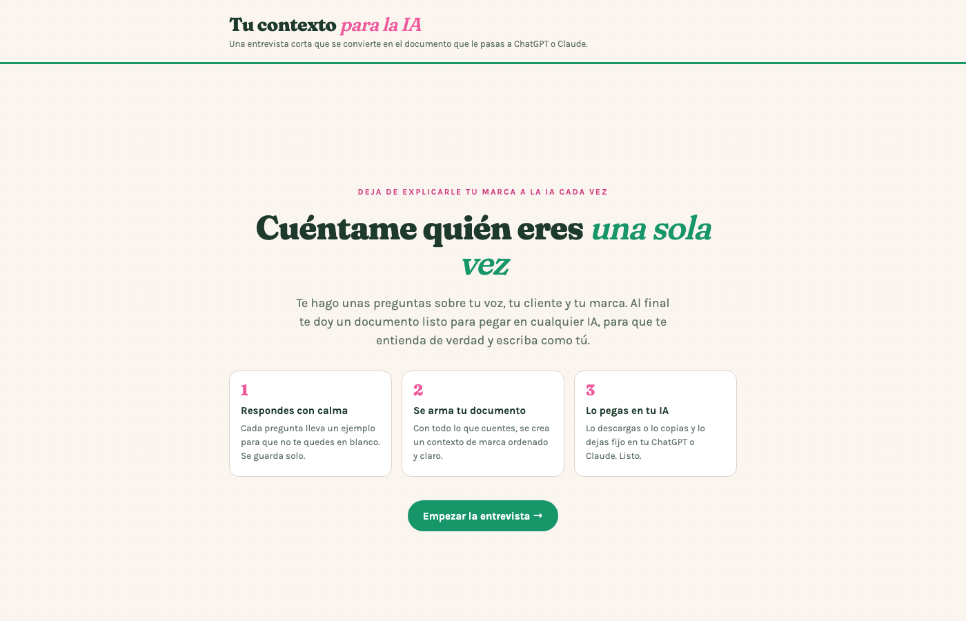 Generador de Contexto: entrevista guiada que se convierte en un documento de marca para ChatGPT o Claude