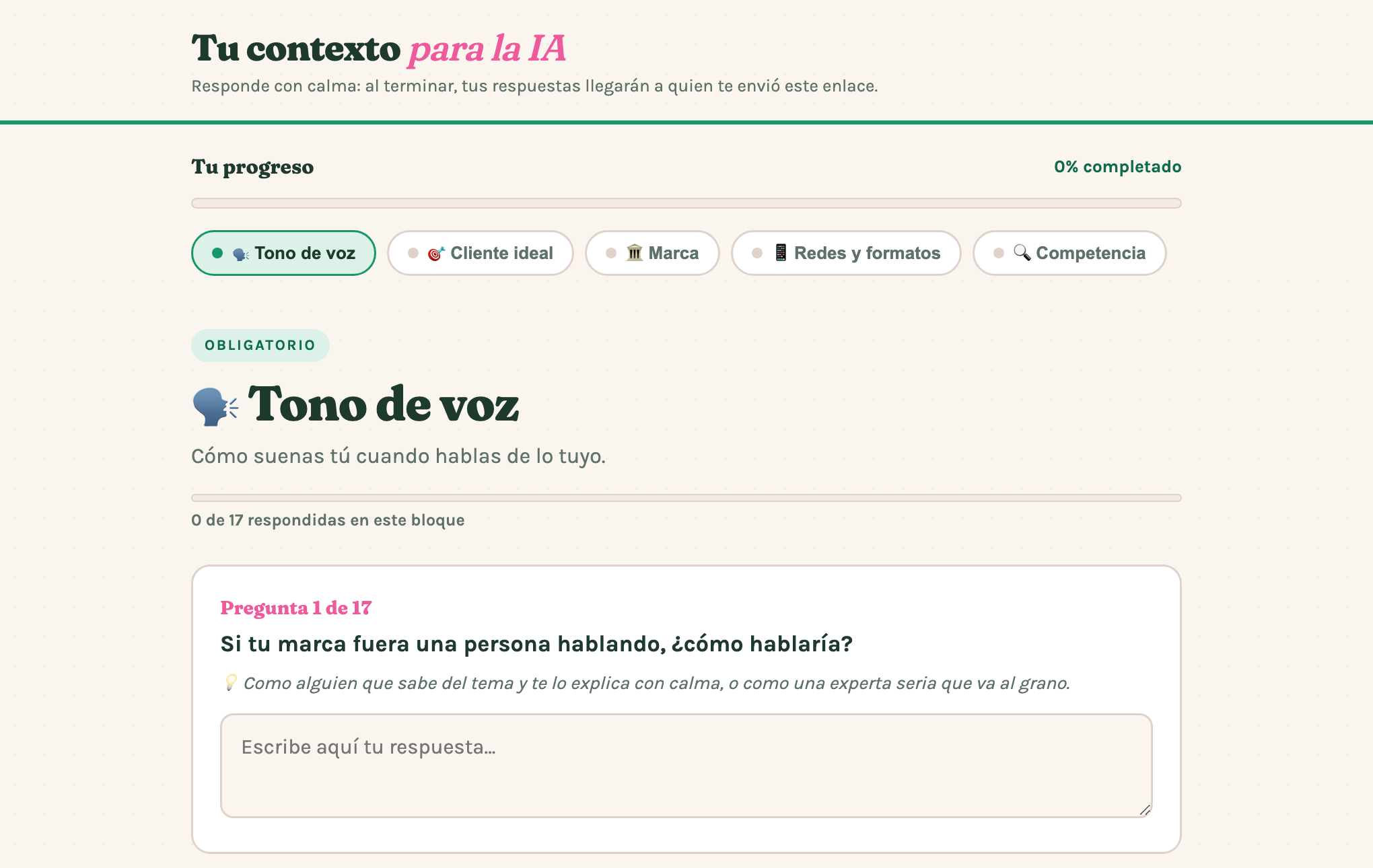 Generador de Contexto: entrevista guiada que se convierte en un documento de marca para ChatGPT o Claude