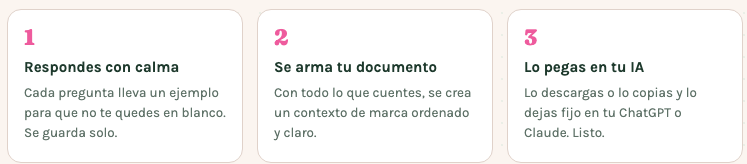 Los tres pasos: respondes con calma, se arma tu documento y lo pegas en tu IA