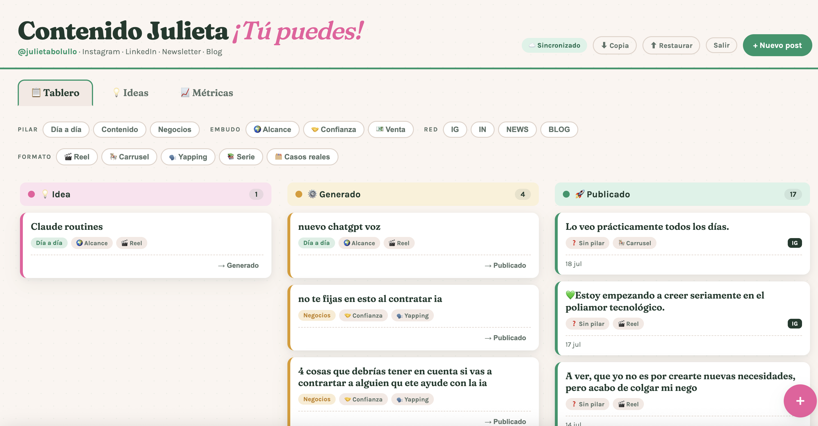 Panel de Contenido: tablero con ideas y publicaciones clasificadas por pilar, formato y estado